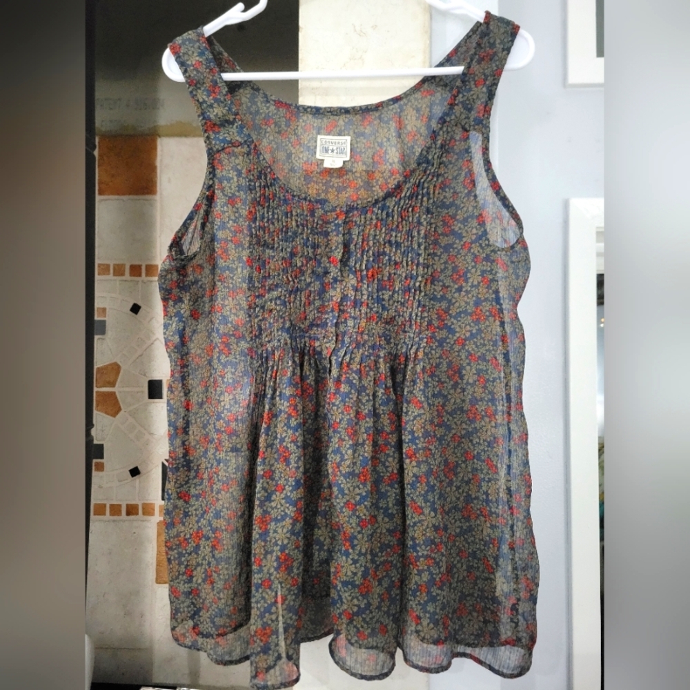 Converse One Star Sheer Chiffon Floral Print Babydoll Top Size XL